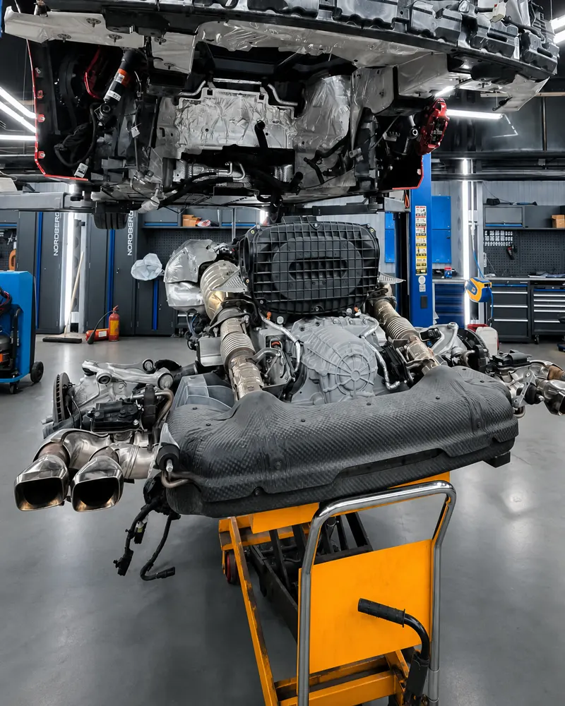 Выхлоп и силовой агрегат Chevrolet Corvette C8 на подъёмнике